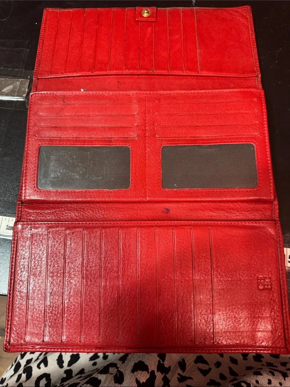 Red Carolina Herrera Embossed Leather Wallet with CH Pattern